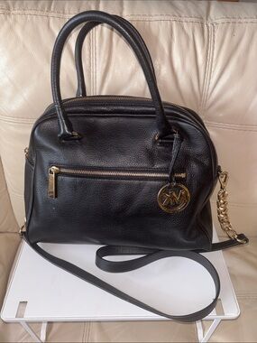 Michael Kors Black Leather Satchel with Gold Accent Charm